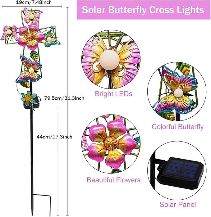Solar Cross Garden Lights, 2 Pack Solar Butterfly Stake Lights Cemetery Decorations for Grave, Jesus Cross Sympathy Memorial Gifts for Mother Grandma, Metal Garden Art for Yard Lawn Patio Decor by GreenHaven Gardens