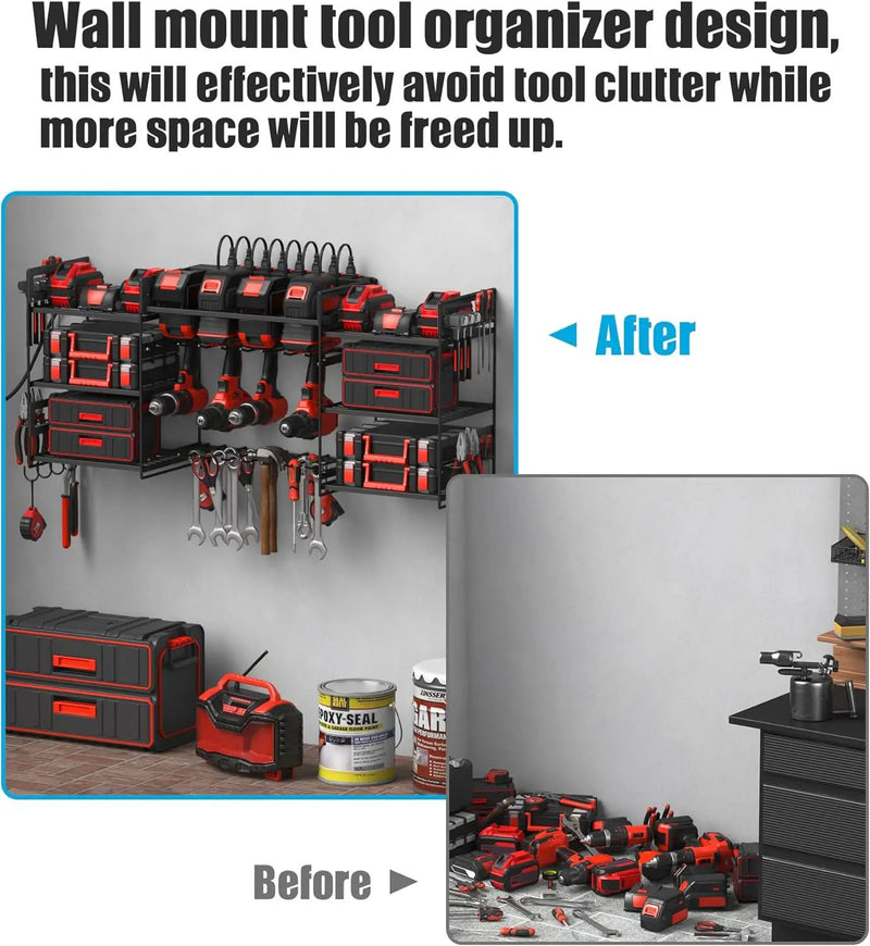 CCCEI Black Power Tool Organizer Wall Mount, Large Tools and Battery Storage Rack Charging Station Individual Switches. Drills Holder, Garage Utility Shelves with 6FT Power Strip. Gift for Men. by GreenHaven Gardens