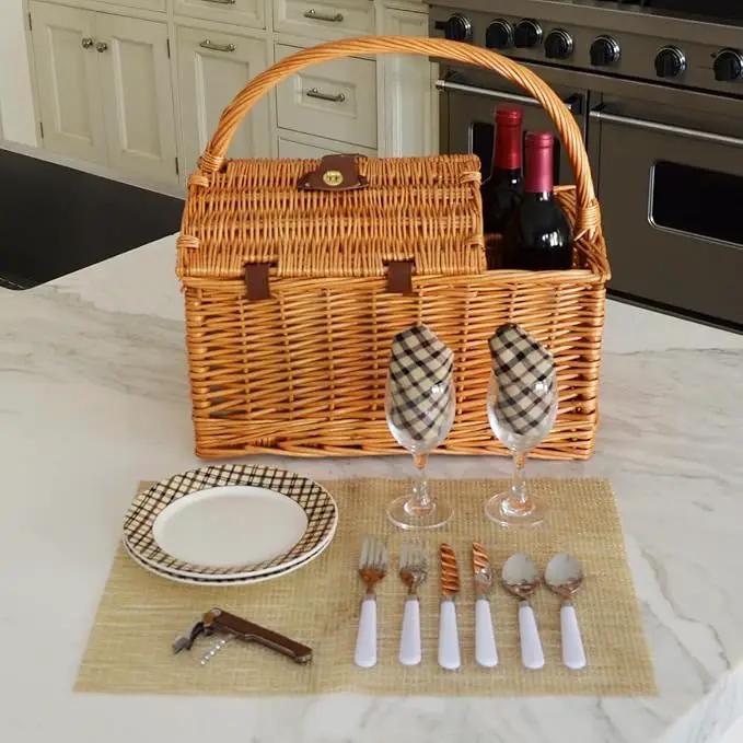 Picnic at Ascot Vineyard Willow Picnic Basket with service for 2 - London Plaid by GreenHaven Gardens