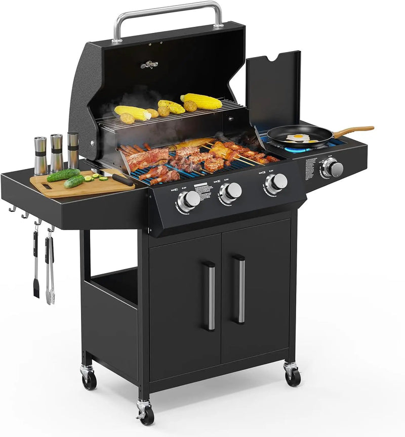 ROVSUN 3 Burner Propane Gas Grill with Side Burner, 46,000BTU BBQ Grills with Enameled Cast Iron Grates, Shelf & Cabinet for Outdoor Garden Patio Backyard Barbecue Cooking by GreenHaven Gardens