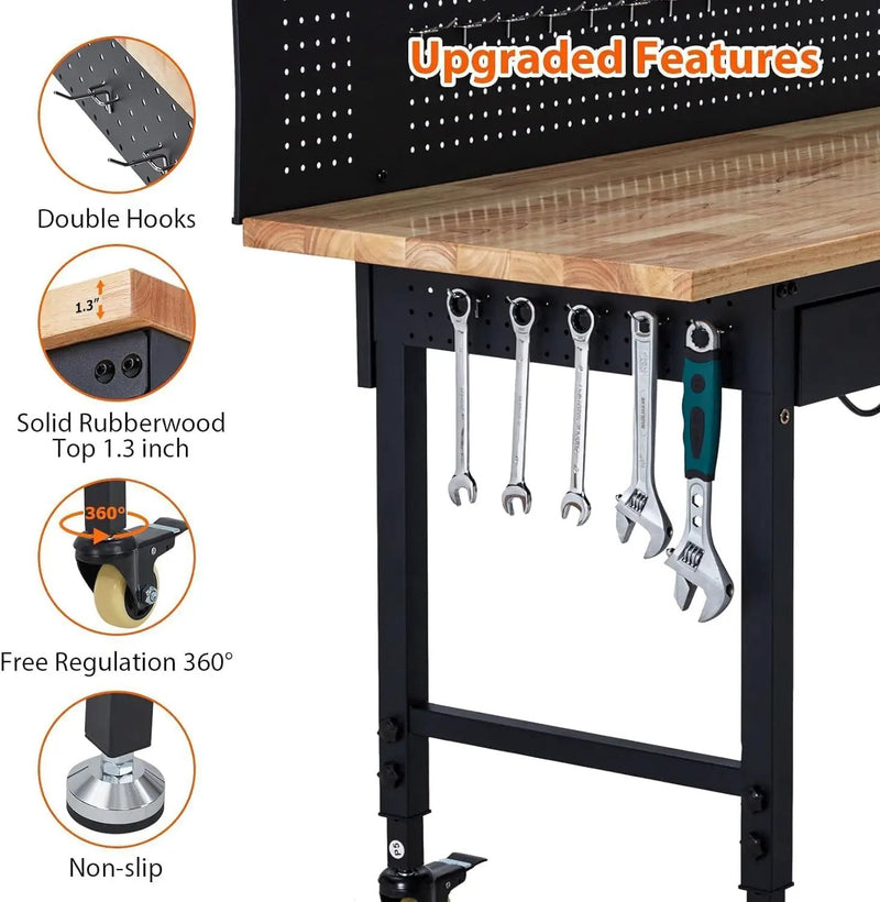 60-Inch Garage Workbench with Wheels, Adjustable Rubber Wood Top Garage Workbench with Pegboard & Drawer & Power Outlet, 2000 lbs Load Capacity, for Workshop, Woodworking, Office by GreenHaven Gardens