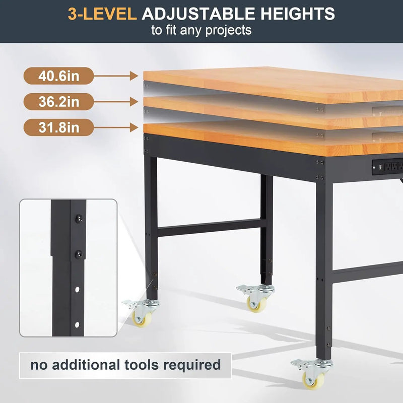 HABUTWAY Height Adjustable Workbench with Wheels 48" x 24" 2000 Lbs Capacity Solid Wood Work Station Heavy-Duty Rolling Work Tables for Garage Party Shop Office by GreenHaven Gardens
