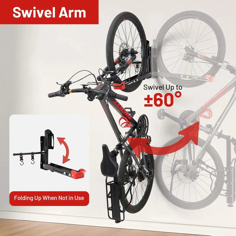 Bike Wall Mount Rack Adjustable & Foldable Garage Bike Rack with Swivel Design & 2 Storage Hooks, Fits 20"-29" Bikes, Holds Up to 77 lbs, Easy Install & Space-Saving Bike Storage 2 Pack by GreenHaven Gardens