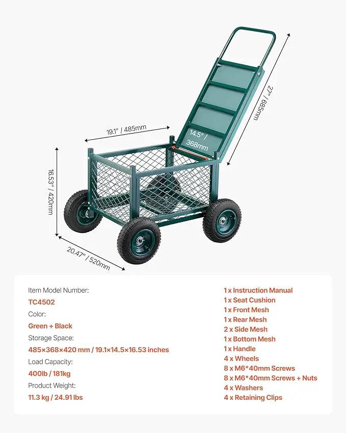 VEVOR Rolling Garden Cart with Seat, Metal Rolling Garden Work Seat with Wheels, Supports up to 400 LBS, Heavy Duty Gardening Cart Scooter, Outdoor Wagon & Stool on Wheels for Lawn, Patio, Backyard by GreenHaven Gardens