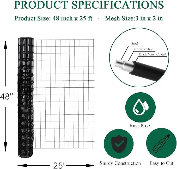 Black PVC Coated Welded Wire Fence 48 Inch x 25 Foot, 2 Inch x 3 Inch 16GA, Garden Border Fencing Roll Vinyl Coating Metal Wire Mesh for Yard Vegetable Plant Protection Poultry Netting by GreenHaven Gardens
