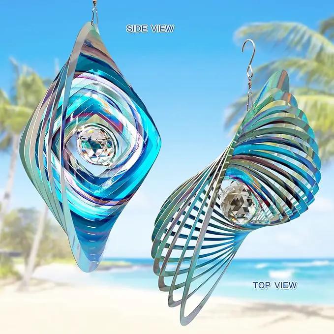 FONMY Mandala Wind Spinner w/Crystal Ball 3D Stainless Steel Hanging Wind Spinner Worth Gift Christmas Decoration Indoor/Outdoor Garden Décor Kinetic Yard Art 12 Inches Multi Blue Wind Sculpture by GreenHaven Gardens