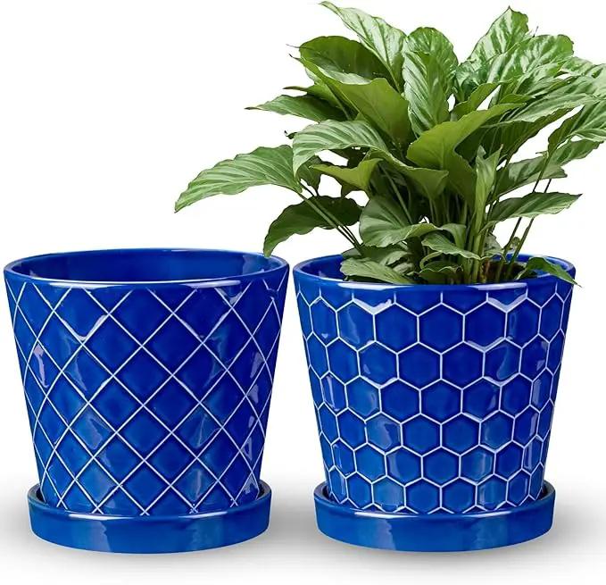 EFISPSS 6 Inch Pots for Indoor Plants,Ceramic Plant Pots,Planters with Drainage Hole and Saucer, Flower Pots Desktop Office Windowsill Decoration Gift Set of 2 - Sapphire Blue by GreenHaven Gardens
