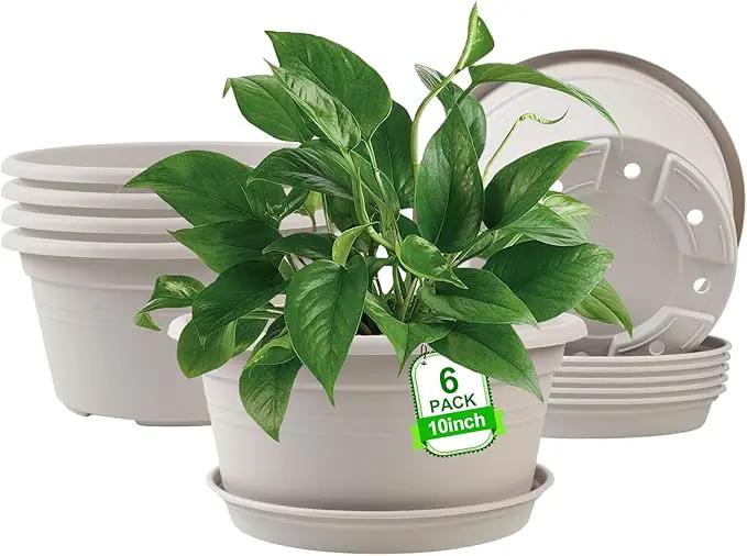 6 Pack 10 inch Plant Pot, Outdoor Pots for Plants with Drainage Hole & Tray Saucer, Round Plastic Plant Pot, Decoration Flower Pots for Indoor Plants Home Garden Outdoor Planters (White) by GreenHaven Gardens