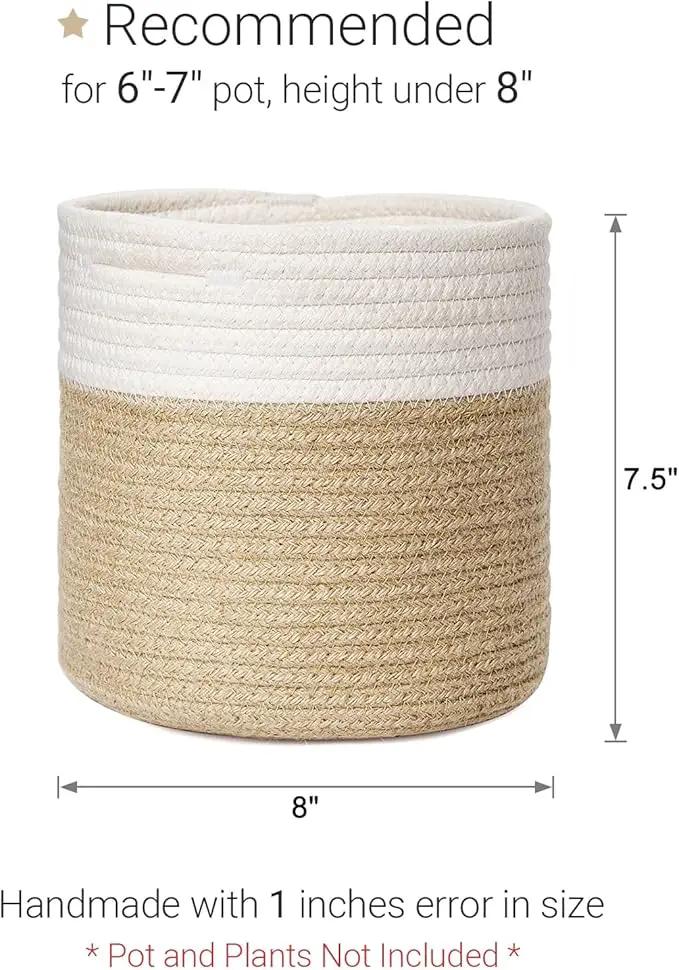 Dahey Small Cotton Rope Plant Basket Woven Plant Coiled Basket for Up to 7" Planter, Decorative Flower Pot Cover Closet Storage Bin Table Desk Organizer for Home Decor, White and Beige by GreenHaven Gardens