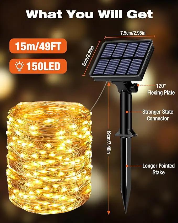 1 Pack Solar Fairy Lights for Outside Waterproof, 49FT/15M 150LED Solar String Lights Outdoor 8 Modes Solar Twinkle Lights for Garden Yard Christmas Tree Wedding Party Decor, Warm White by GreenHaven Gardens