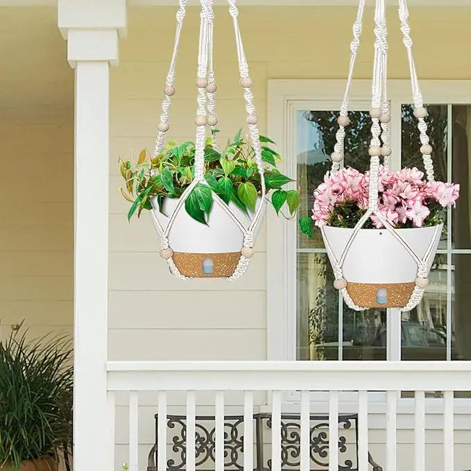 ZMTECH 2 Pack 10 Inch White Hanging Planters with Macrame Plant Hanger for Indoor and Outdoor Plants, Self Watering, Drainage Hole, Visible Level Tray by GreenHaven Gardens