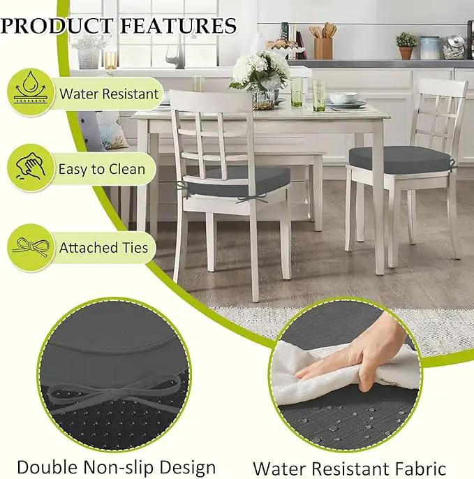 Chair Cushions for Dining Chairs, Indoor Chair Cushions with Ties，Waterproof Chair Pads Set of 6, Dark Grey, 17x16x2.5 Inch by GreenHaven Gardens