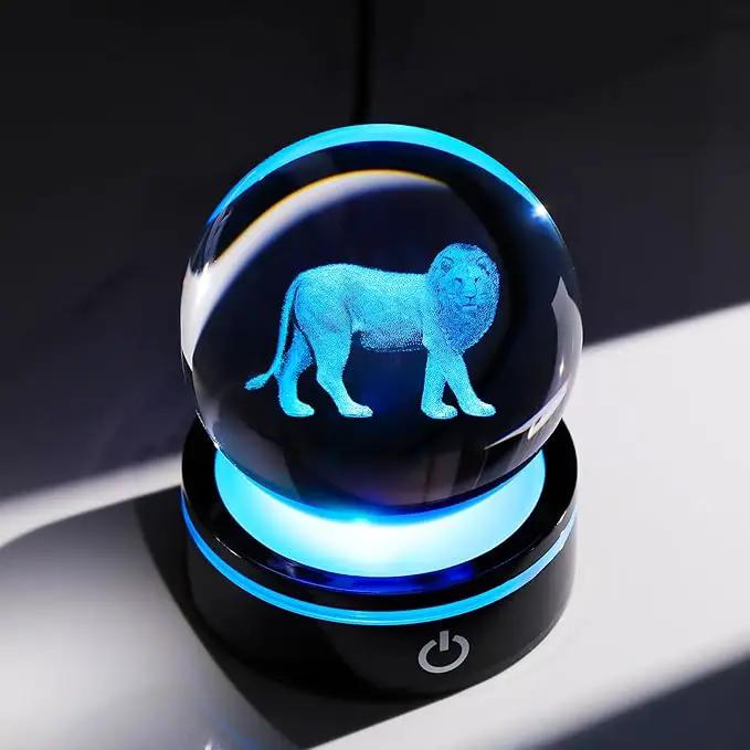 YWHL 3D Crystal Ball Lion Figurine with LED Base, Lion Gifts for Men Women Lions Lovers on Christmas Birthday, Lions Ornament Glass Sphere Decorative Ball for Home Decor (80mm) by GreenHaven Gardens