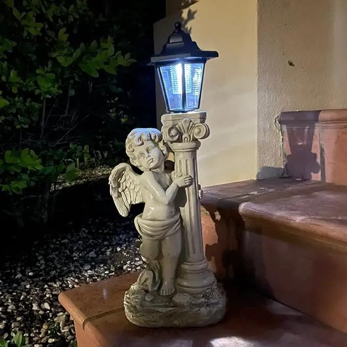 Angel Statue with Solar Lights (Left) 19.7 Inch, Outdoor Solar Angel Garden Statue with Roma Pillar for Garden Lawn Deocr, Christian Religious Gift by GreenHaven Gardens
