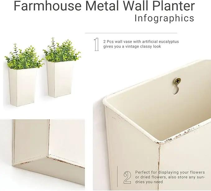 Dahey 2 Packs Metal Wall Planter with Artificial Plants, Farmhouse Wall Decor Hanging Wall Vase Boxs Galvanized Flowers Holder for Country Rustic Home Wall Decor, White by GreenHaven Gardens