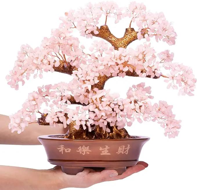 Natural Rose Quartz Tree Large,14" Chakra Crystal Tree(1,251 Gemstone Count) w/Lucky Coins Chain Healing Properties - Bonsai Feng Shui Money Tree for Love Self Care Home Office Decoration by GreenHaven Gardens
