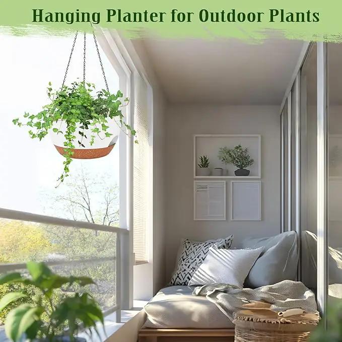 Hanging Planters for Outdoor Indoor Plants, 2 Pack 12 Inch Hanging Basket Plants Outdoor, Self Watering Hanging Planter with Plant Hanger for Garden Home Decoration (White) by GreenHaven Gardens