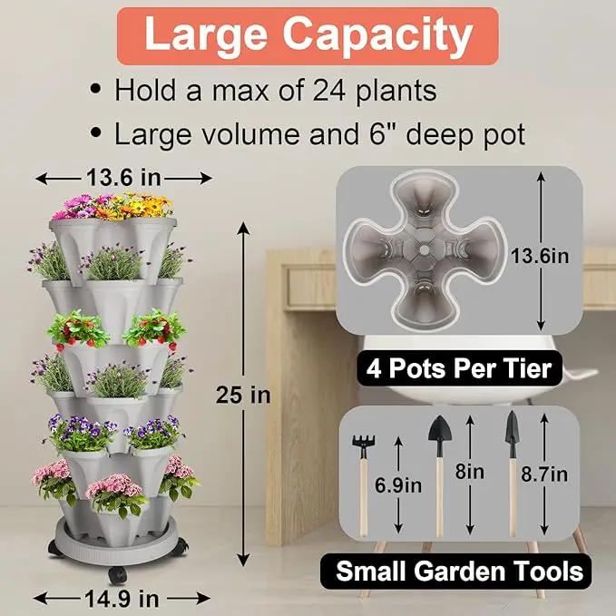 Vertical Planter 6 Tier Stackable Planters Garden Planters Strawberry Herb Flower and Vegetable Planter Indoor Outdoor Gardening Pots with Removable Wheels and Tools by GreenHaven Gardens
