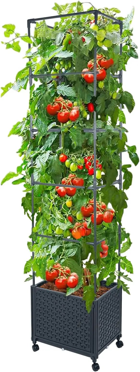 GREEN MOUNT Raised Garden Bed Planter Box with Trellis for Climbing Vegetables Plants, 67.6" Outdoor Tomatoes Planters Tomato Cage w/Wheels by GreenHaven Gardens