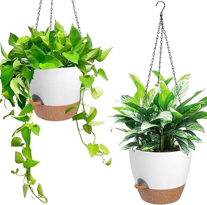Hanging Planters for Indoor Outdoor Plants, 2 Pack Self Watering Hanging Pot with Drainage Holes & Removable Tray (White, 6'') by GreenHaven Gardens