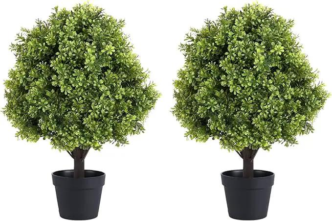 THE BLOOM TIMES 2ft Faux Boxwood Plants Outdoor Set of 2, Topiary Balls Artificial Outside Trees, 24" UV Resistant Fake Greenery Bushes & Shrubs for Front Porch Planter by GreenHaven Gardens