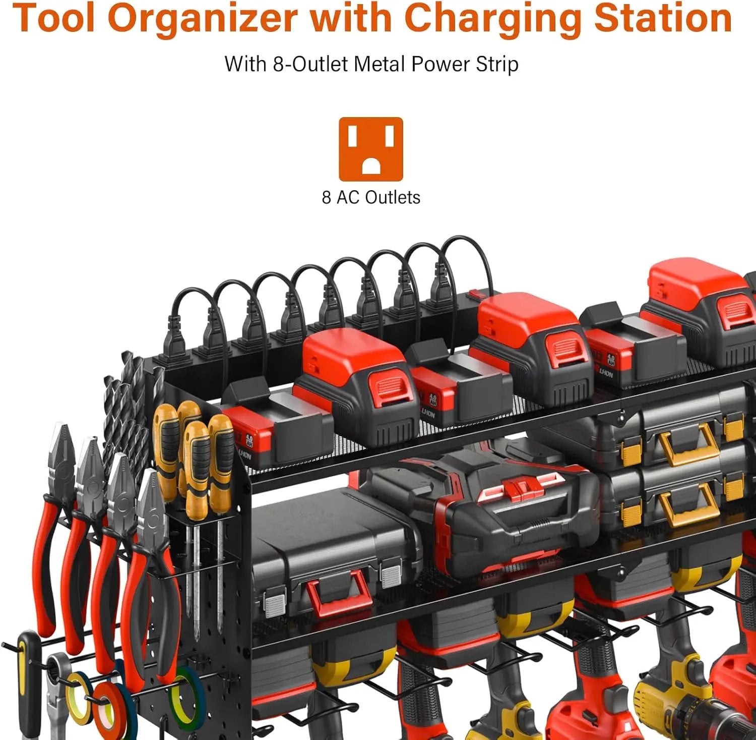 JUNNUJ Large Pegboard Power Tool Organizer with Charging Station, 8 Drills Driver and Tools Battery Holder Wall Mount with 8 Outlet Power Strip, Black 3-Layer Shop Garage Storage Utility Rack by GreenHaven Gardens