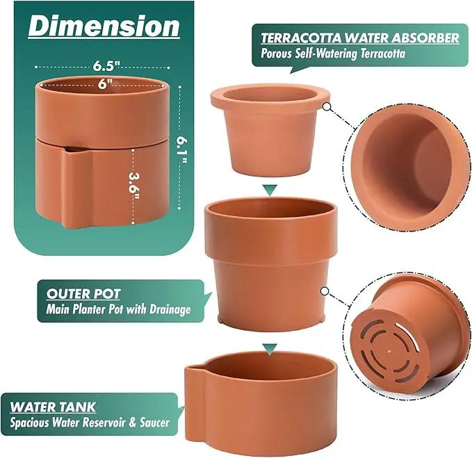 Phoenix Vine 6.5 Inch Self-Watering Planter Pot with Terracotta Insert, Deep Water Reservoir, and Ceramic-Alike BPA-Free Plastic Pot for Plant, Modern Planter for Houseplants, Terracotta, 53-A-S-3 by GreenHaven Gardens