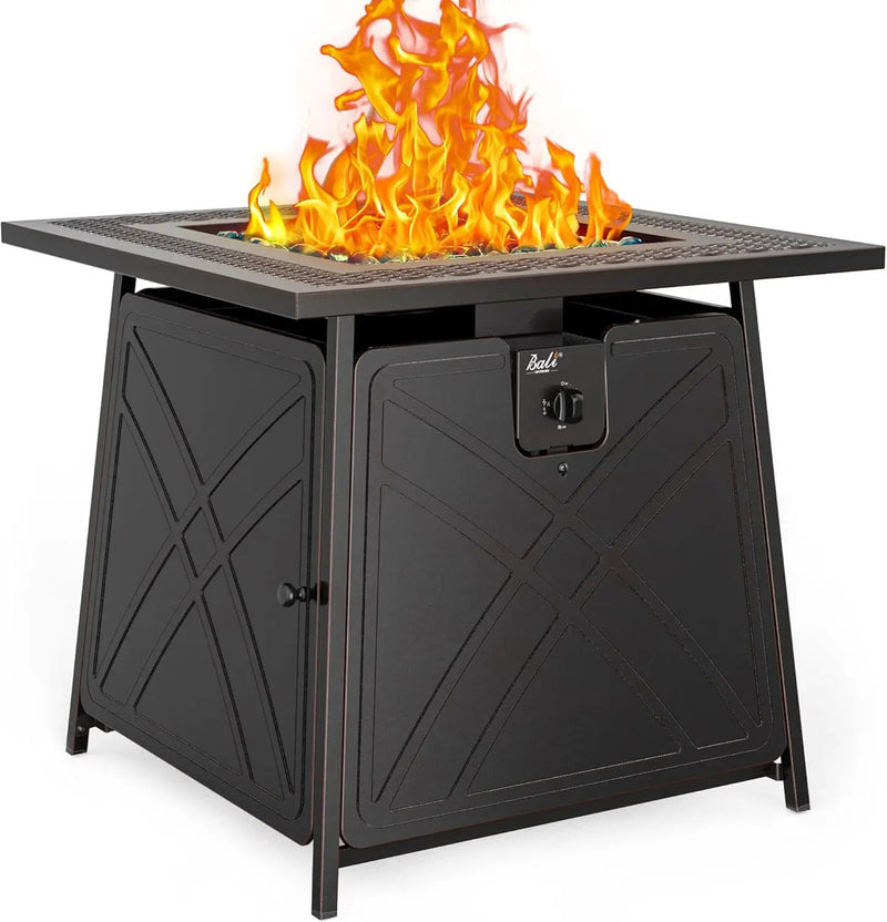 BALI OUTDOORS Gas FirePit Table, 28 inch 50,000 BTU Square Outdoor Propane Fire Pit Table with Lid and Blue Fire Glass by GreenHaven Gardens