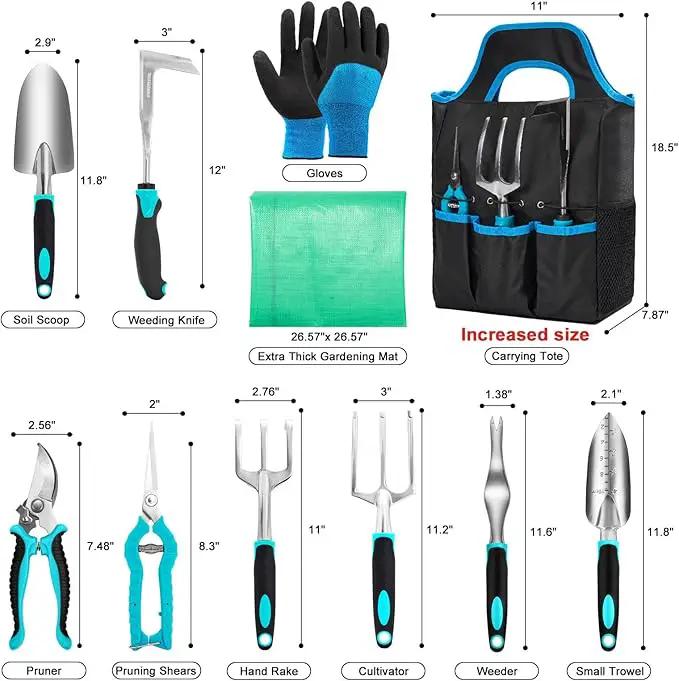 Garden Tool Set with Non Slip Rubber Grip,11 Piece Stainless Steel Gardening Tool Sets,Thickened Repotting Mat & Storage Tote Bag,Heavy Duty Outdoor Hand Tools Uprooting Weeding Tool, Ideal Gifts Blue by GreenHaven Gardens