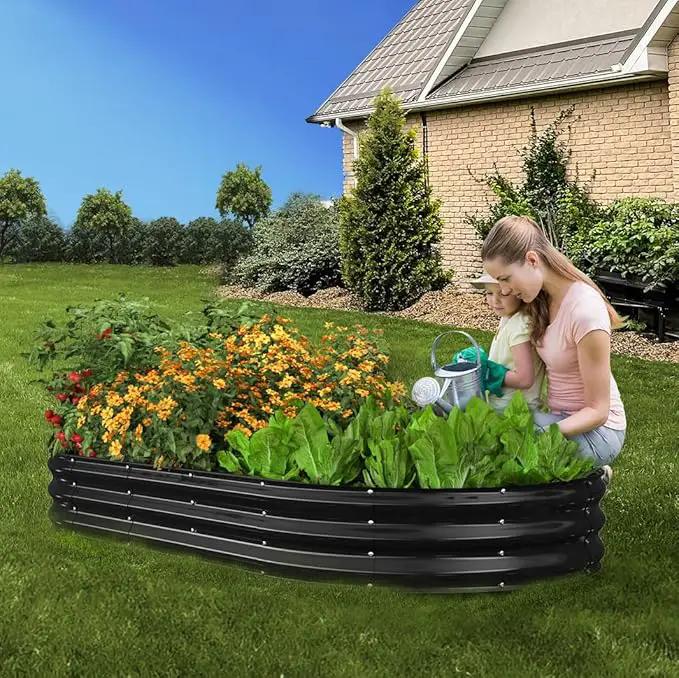 Raised Garden Bed, 8x4x1ft Galvanized Outdoor Planter Beds with Safety Edging and Gloves, Oval Metal Planter Box for Gardening Vegetables Flowers Herb by GreenHaven Gardens