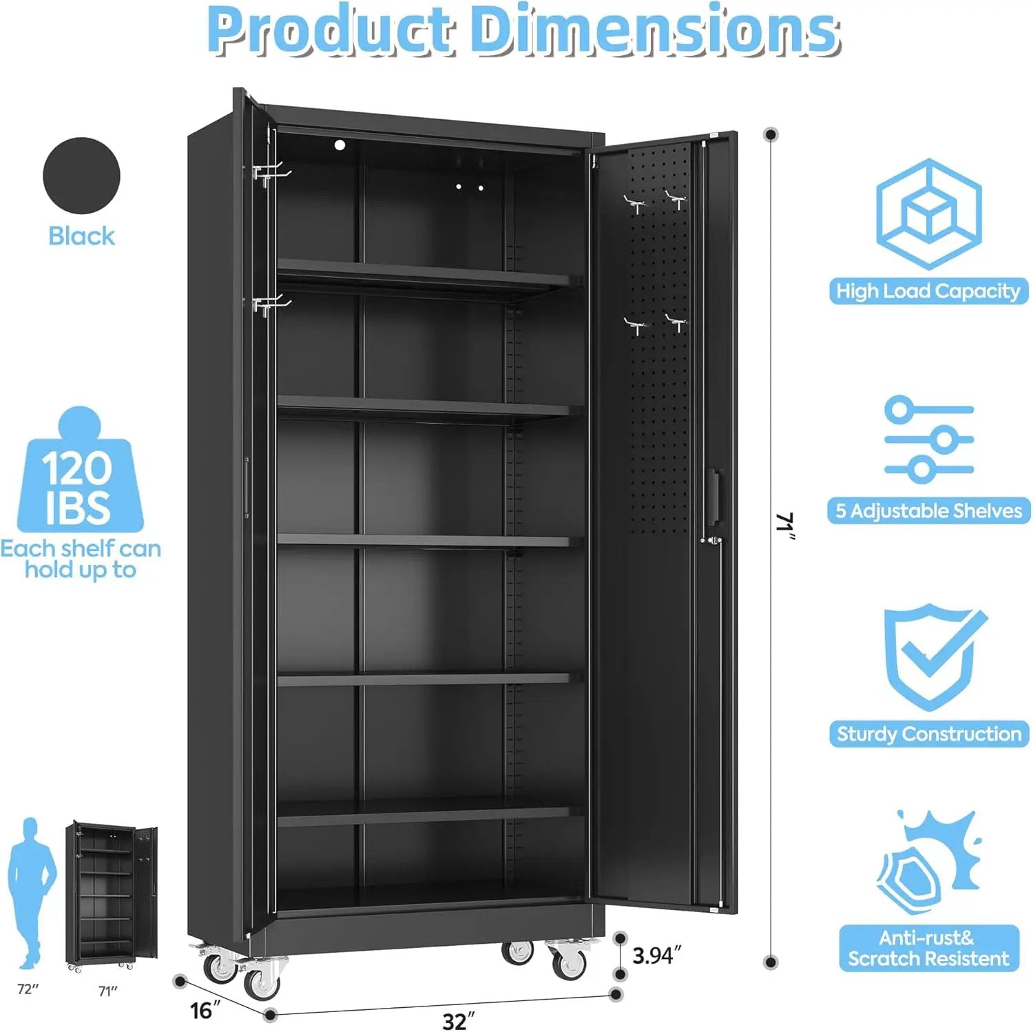 Metal Garage Storage Cabinet with Wheels & Pegboard, Lockable Metal Storage Cabinets with 2 Doors&5 Adjustable Shelves for Garage&Home,Assembly Required,Black 71''H x32''W x16''D by GreenHaven Gardens