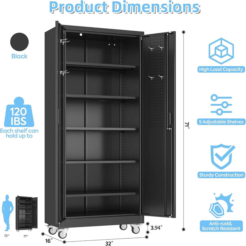 Metal Garage Storage Cabinet with Wheels & Pegboard, Lockable Metal Storage Cabinets with 2 Doors&5 Adjustable Shelves for Garage&Home,Assembly Required,Black 71''H x32''W x16''D by GreenHaven Gardens