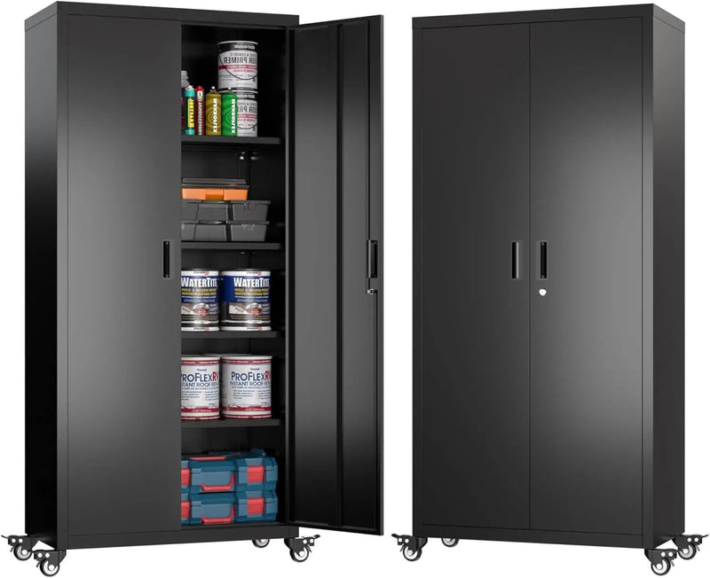 73" H Metal Garage Storage Cabinet with Wheels,Rolling Tool Storage Cabinet with 2 Doors and 4 Adjustable Shelves for Garage,Home,Office,Warehouse,Workshop, Required-Assembly,Black by GreenHaven Gardens
