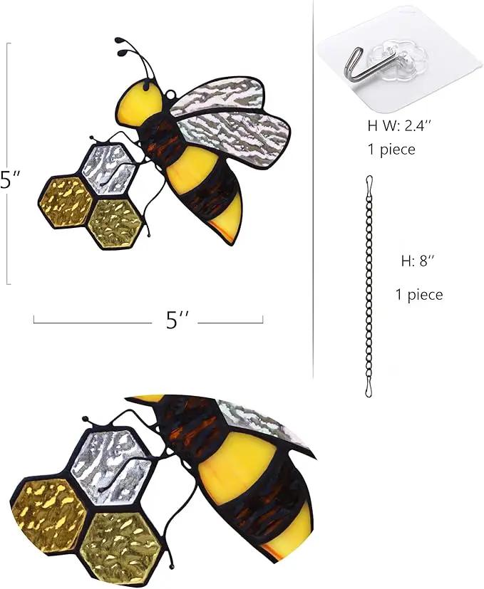Bee On Honeycomb Stained Glass Window Hangings, Bee Suncatcher Garden Bee Decor Bee Gift for Mom Women by GreenHaven Gardens