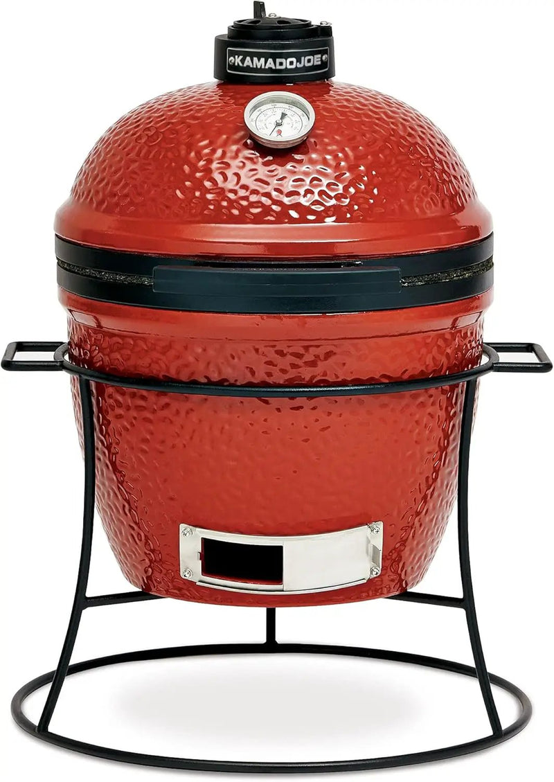Kamado Joe KJ13RH Joe Jr. 13.5 inch Portable Charcoal Grill with Cast Iron Cart and Heat Deflectors, Blaze Red and Kamado Joe KJ15090620 Cast Iron Sear Plate by GreenHaven Gardens