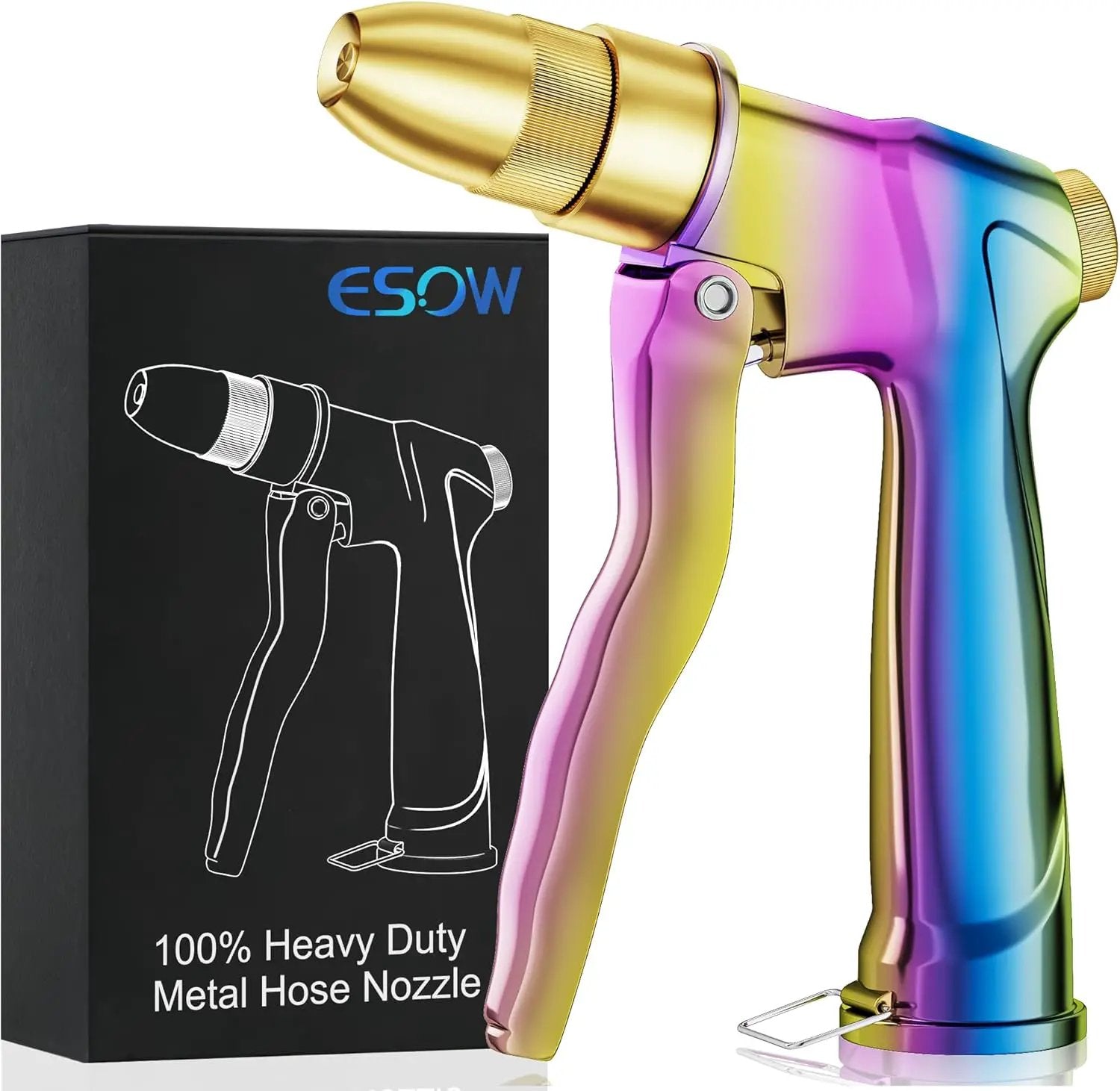 ESOW Heavy Duty Metal Garden Hose Nozzle, High Pressure Water Hose Nozzle with 4 Spray Patterns Rotating, Ideal for Outdoor Lawn & Garden Watering, Car & Pet Washing, Rainbow by GreenHaven Gardens