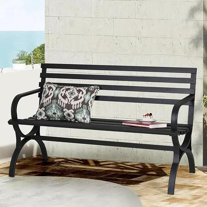 PHI VILLA Outdoor Garden Bench, 48” Long Metal Steel Bench with Backrest and Armrests, Modern Slatted Design for Patio, Lawn, Yard, Porch - Black by GreenHaven Gardens