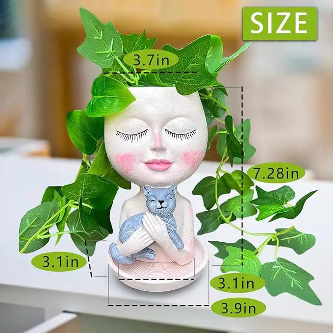 Face Plant Pots Head Planters - Face Flower Pot Head Planter with Cat, Succulent Pots with Drainage Hole, Resin Lady Planter for Indoor Outdoor, Home Decor, Mother's Day/Women Gifts by GreenHaven Gardens