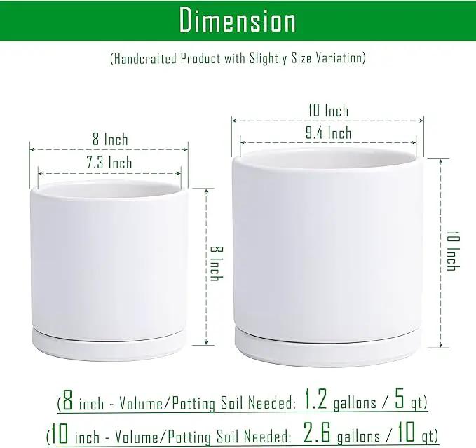 D'vine Dev 8 Inch & 10 Inch Ceramic Planter Pot for Plants with Drainage Hole and Saucer, Large Plant Pots Set, White, 94-G-L-1 by GreenHaven Gardens