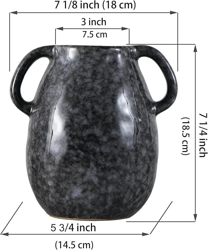 Ceramic Modern Farmhouse Vase with 2 Handles, Black Ceramic Vases for Home Decor, Rustic Pottery Vase, Decorative Terracotta Flower Vase, Boho Clay Vase for Table Living Room Shelf Mantel Decor by GreenHaven Gardens