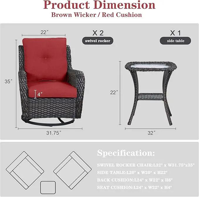 Outdoor Swivel Rocker Patio Chairs - 3 Piece Outdoor Bistro Set Wicker Patio Rocking Chairs Set of 2 with Side Table, 360 Degree Swivel Glider Seating for Porch Balcony Deck Brown/Red by GreenHaven Gardens