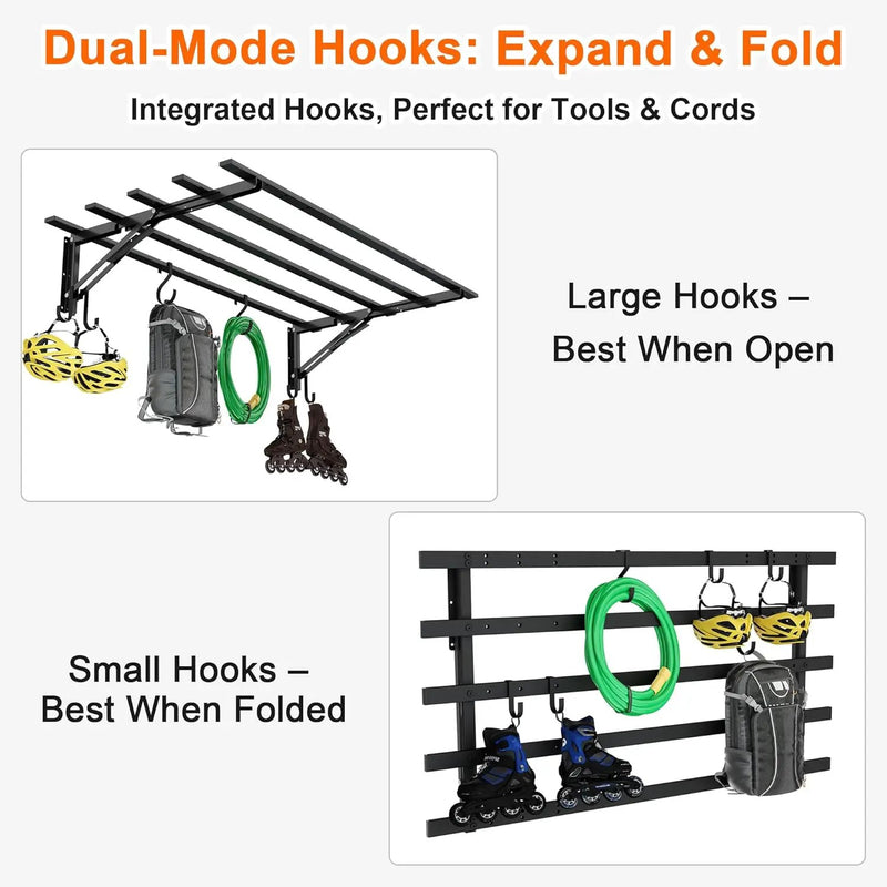2-Pack Garage Storage System Shelves 3.21x1.64 ft - Industrial Hanging Shelf Wall Mount Kit with Hooks, Folding Garage Wall Shelves, Durable Metal Floating Shelf, Black Shelves Wall Mounted Setup by GreenHaven Gardens