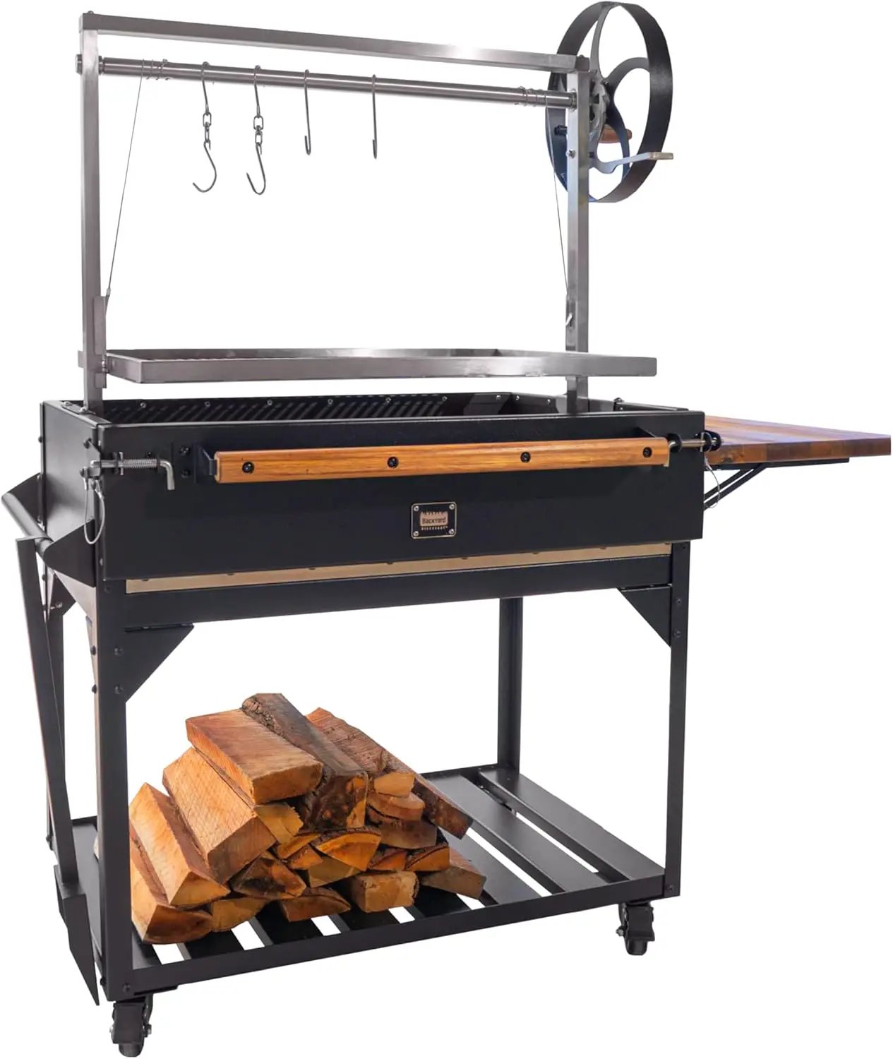Backyard Discovery Argentine Santa Maria Heritage Wood Fire & Charcoal BBQ Grill with Adjustable Grill Grates, Fire Bricks, Heavy-Duty Steel, S-Hooks, Acacia Wood Table for Outdoor Gaucho Grilling by GreenHaven Gardens