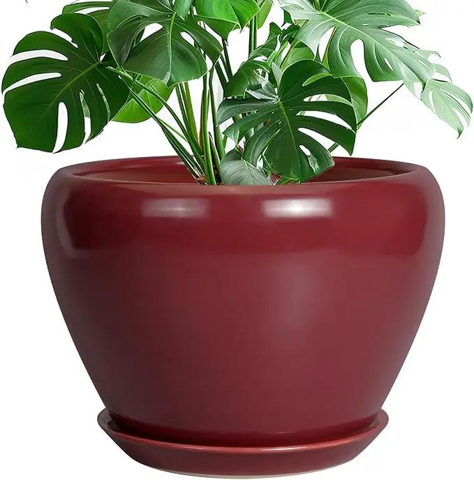 10 Inch Plant Pot - Ceramic Planter Pot with Drainage Hole and Saucer Large Planter for Indoor Plants Round Outdoor Flower Pot Mid-Century Decor Red by GreenHaven Gardens
