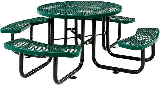 Global Industrial 46" Round Picnic Table, Expanded Metal, Green Thermoplastic Coating, Attached Benches, 1-1/2” Umbrella Pole Hole, Outdoor-Rated, 1000 lb Capacity by GreenHaven Gardens