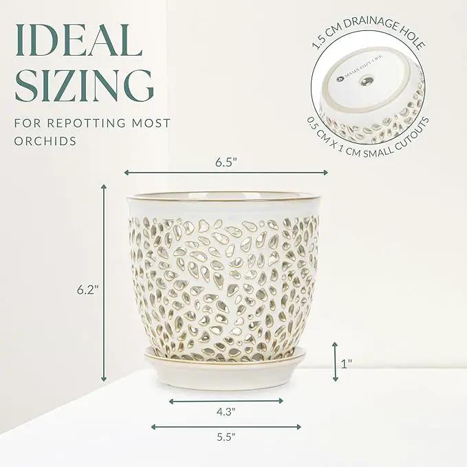 Elegant Orchid Pot with Holes, Large 6.5 inch Premium Porcelain Ceramic Orchid Pot for Repotting, Durable Ceramic Planter with Removable Saucer for Easy Drain, Planter Gifts for Moms by GreenHaven Gardens
