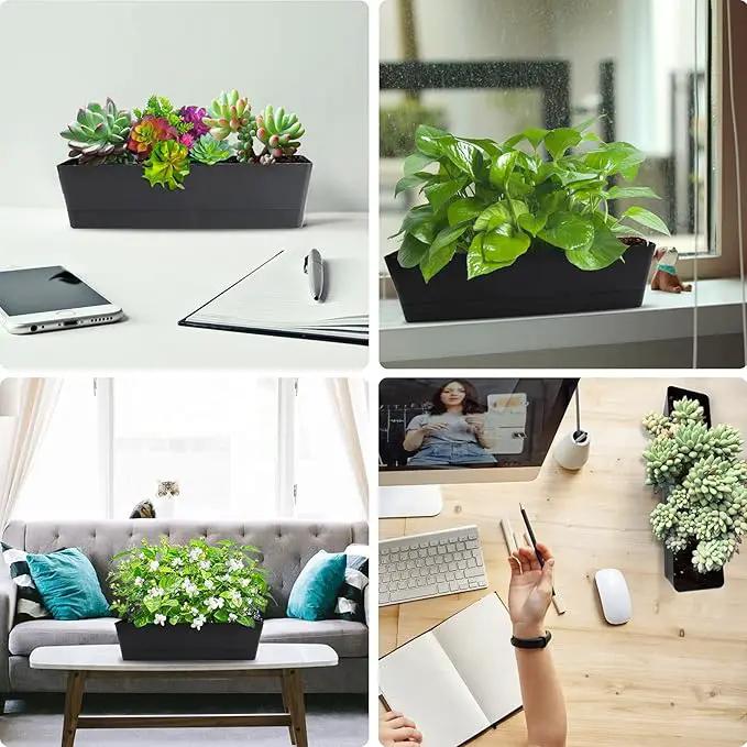 GREANER Window Boxes Planters, 3PCS 16x3.8 Inch Black Rectangle Planters Box with Drainage Holes and Trays, Herb Succulents Flowers Plastic Pot for Windowsill, Garden, Balcony, Indoor, Outdoor Decor by GreenHaven Gardens