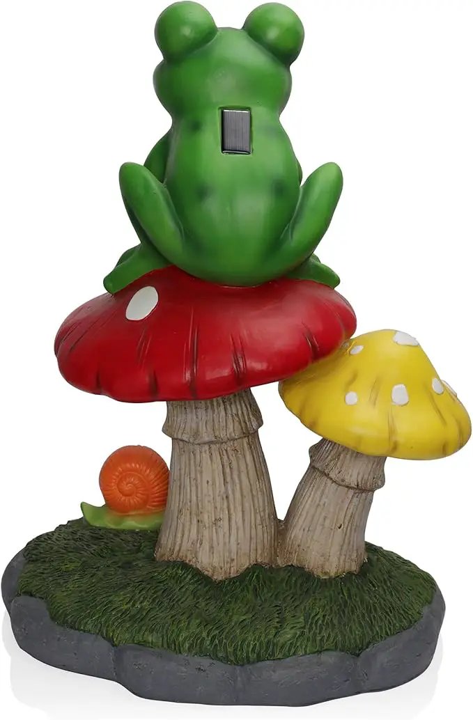Alpine Corporation ZEN390SLR-L Frog on Mushroom Statue with LED Lights, Solar-Powered LED Frog Garden Statue, 24" H, Green by GreenHaven Gardens