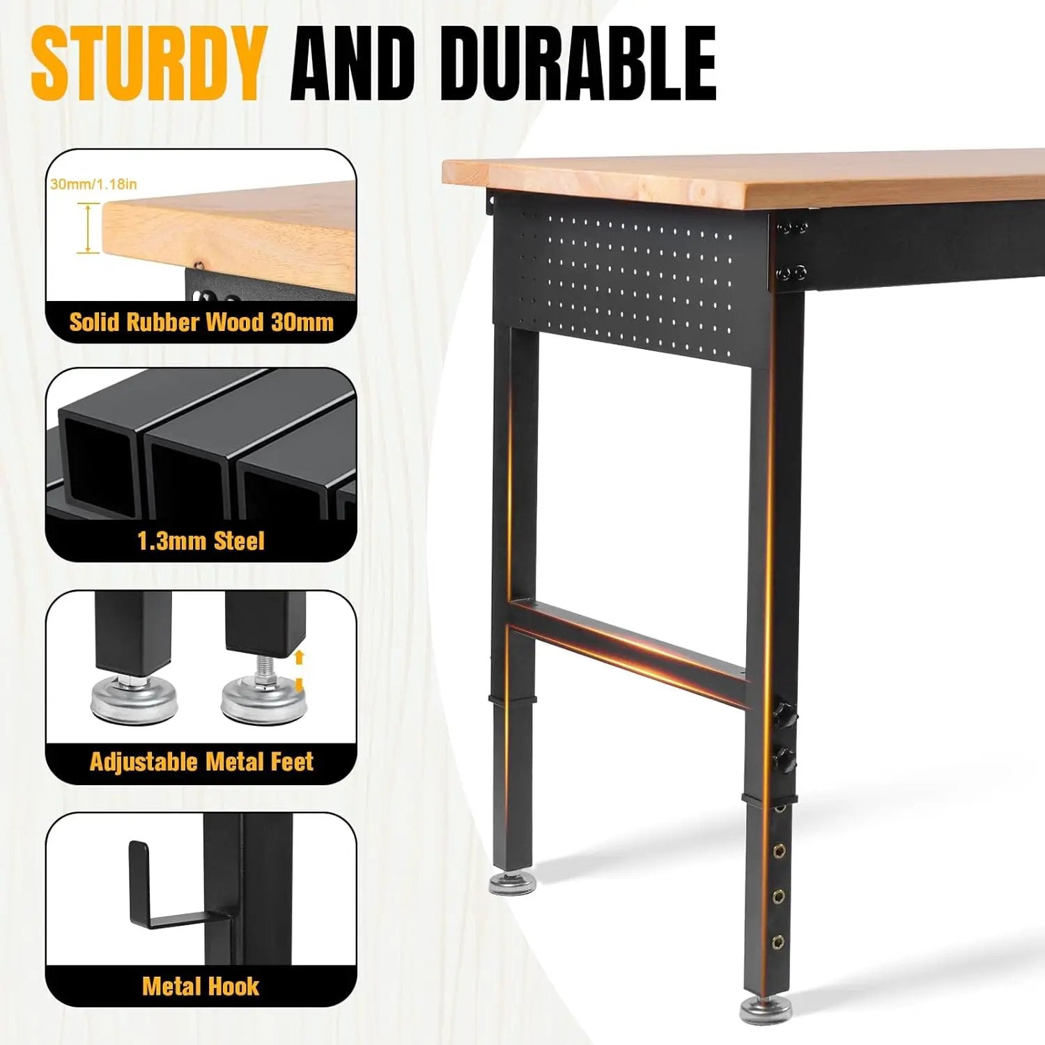 Adjustable Height Workbench, Heavy Duty Table Rubber Wood Workstation with Power Outlet & Pegboard for Garage, Office, Workshop, Home,Commercial (48"×24") by GreenHaven Gardens