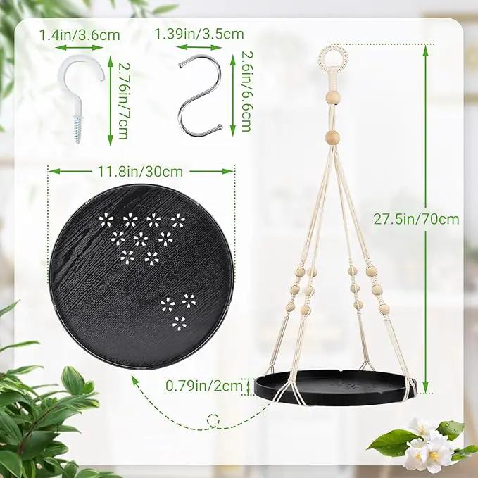 SUREAM Indoor Hanging Planter Shelf, Black Macrame Plant Hanger, Handmade Cotton Plant Hangers with Wood Tray, Planter Flower Pots Holder for Window Wall Ceiling Home Porch Patio Decor by GreenHaven Gardens